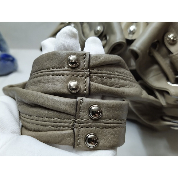 B. Makowsky Gray Leather Drawstring Zipper Pockets Shoulder Bag - Picture 6 of 16